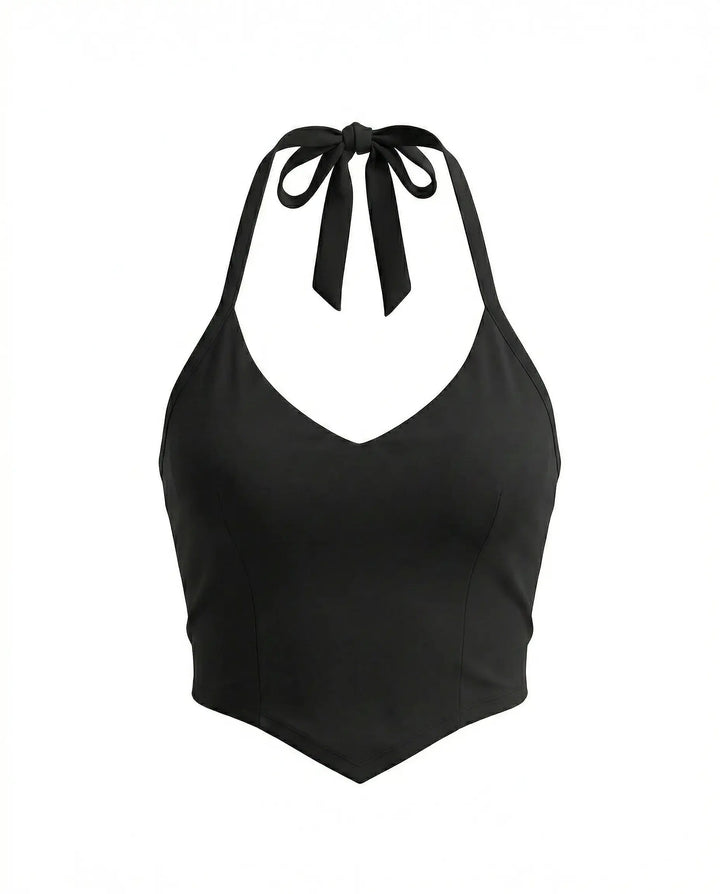 SOLACE  Black Halter Neck Tie-up Design Slim Fit Cropped Top 