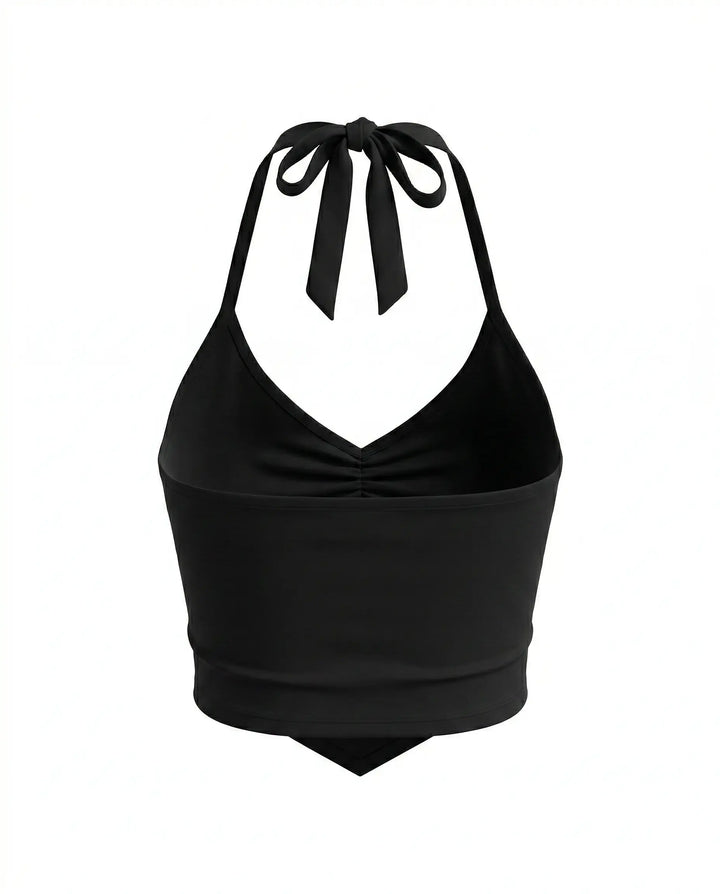 SOLACE  Black Halter Neck Tie-up Design Slim Fit Cropped Top 