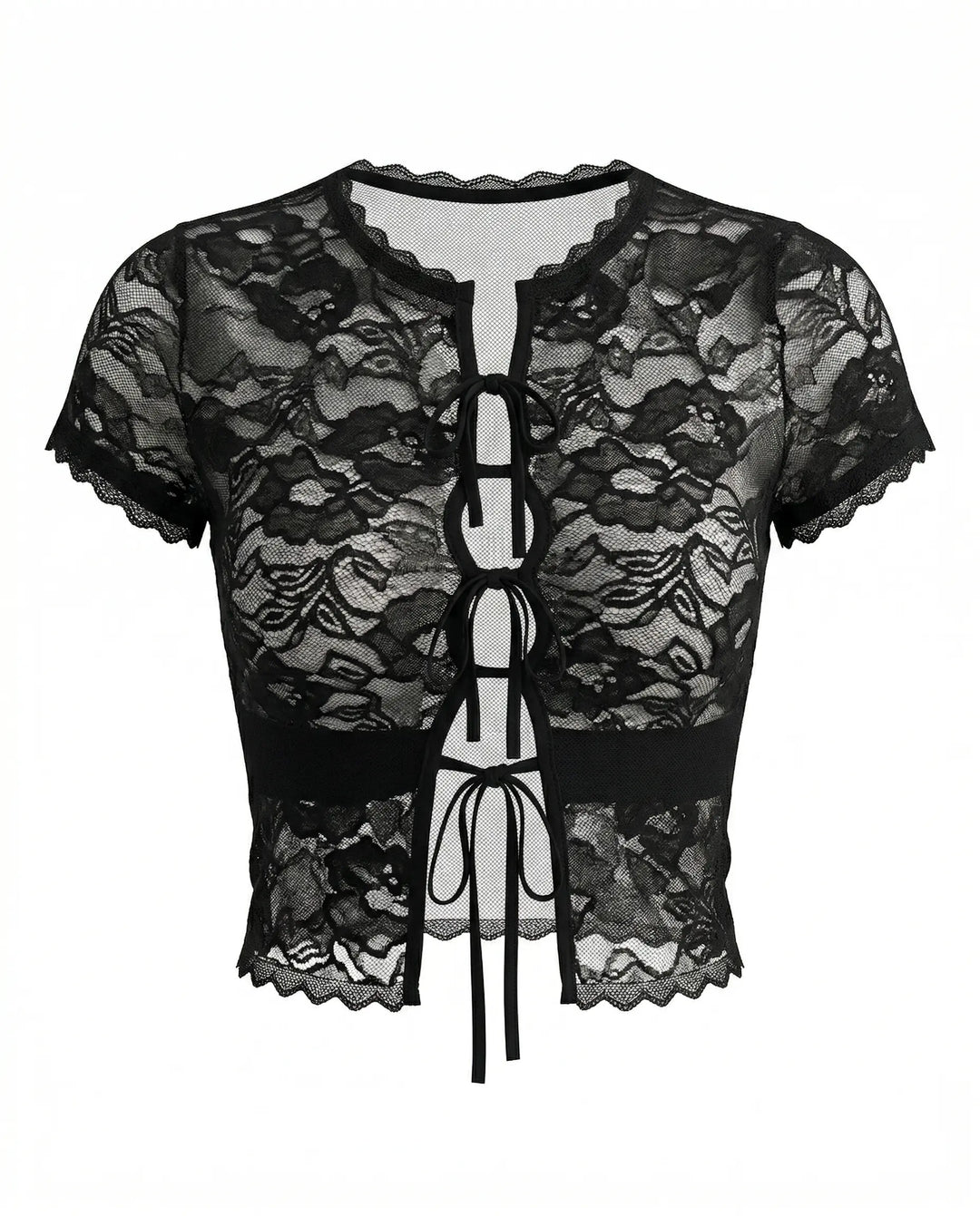 SOLACE  Black Lace Sheer Cutout Short Sleeve T-Shirt 