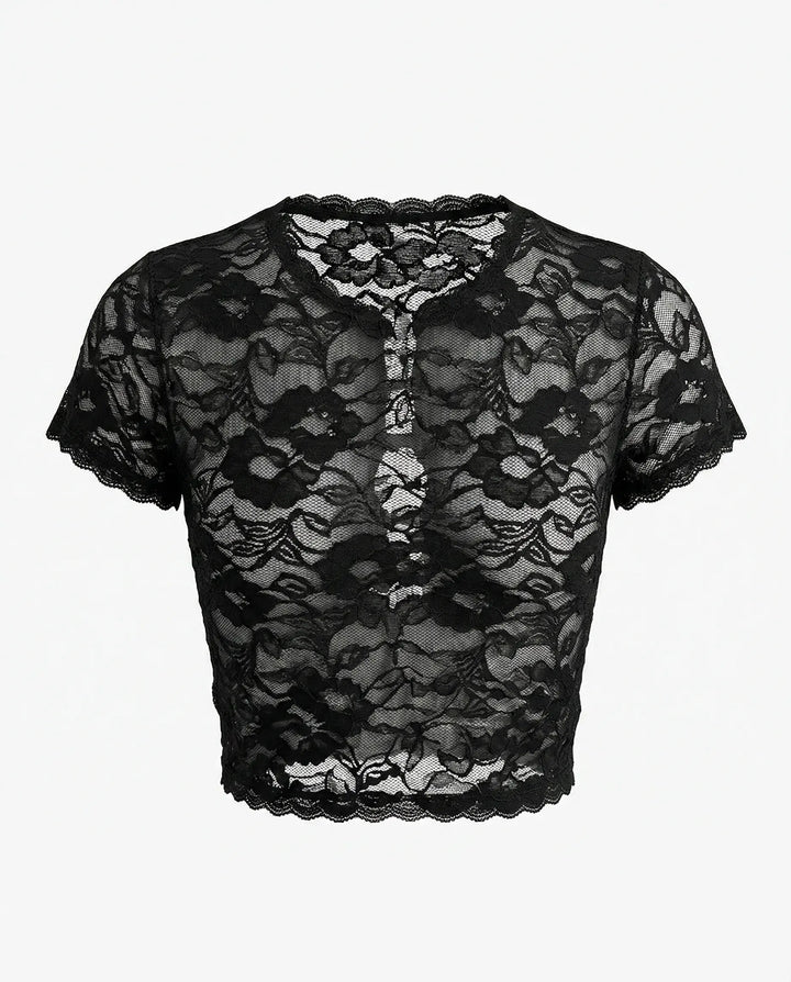 SOLACE  Black Lace Sheer Cutout Short Sleeve T-Shirt 