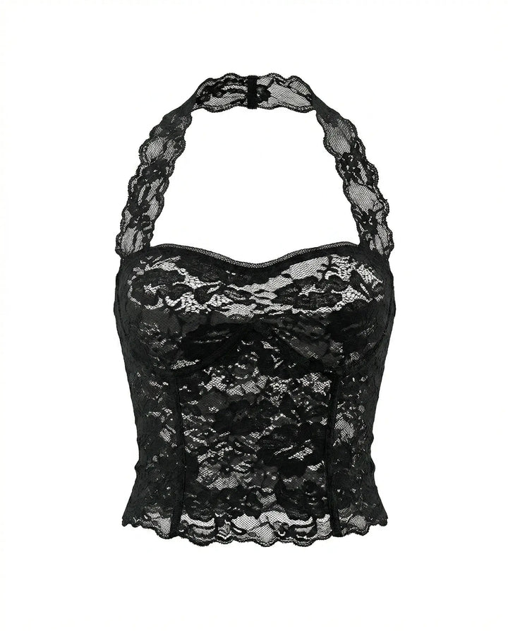 SOLACE  Black Floral Lace Bustier Slim Fit Cropped Top 