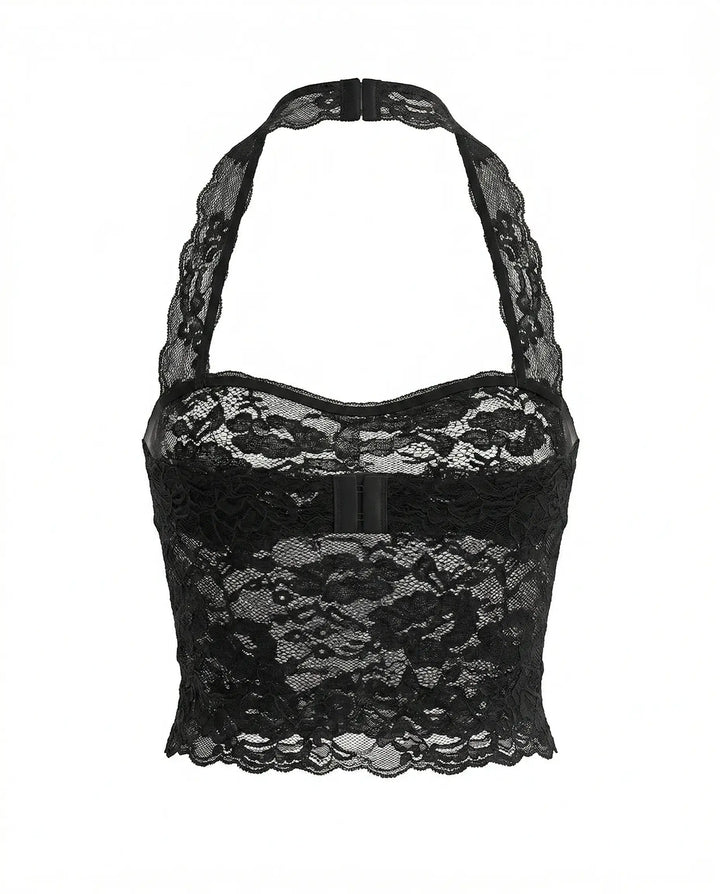 SOLACE  Black Floral Lace Bustier Slim Fit Cropped Top 