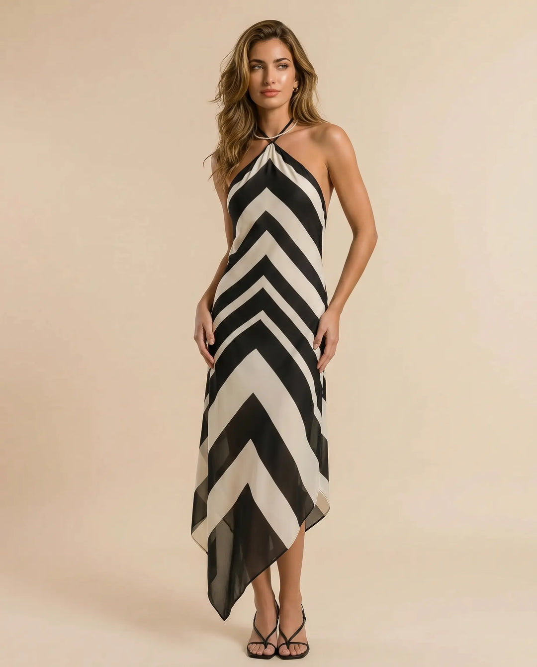 SOLACE  Stripe Halter Open Back Asymmetric Midi Dress 