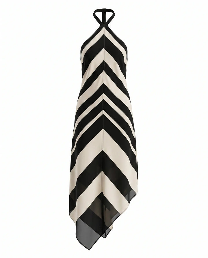 SOLACE  Stripe Halter Open Back Asymmetric Midi Dress 