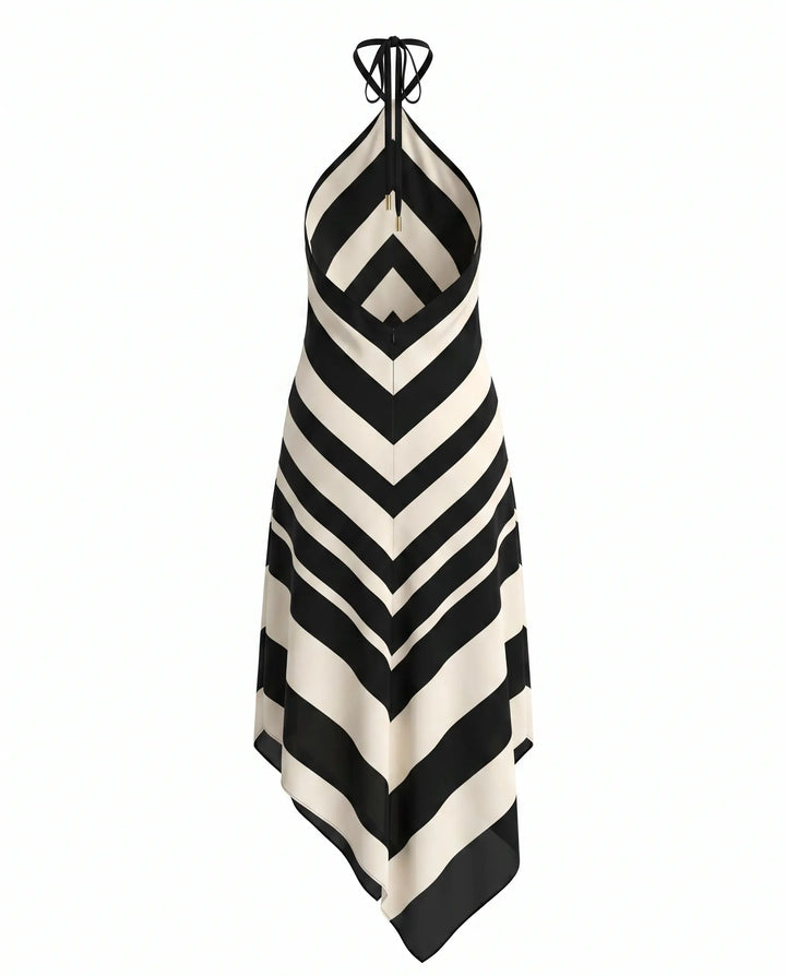 SOLACE  Stripe Halter Open Back Asymmetric Midi Dress 