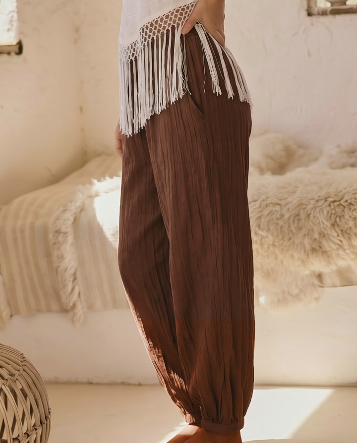 SOLACE  Brown Bohemian Linen Blend Loose Fit Ankle Length Pants 