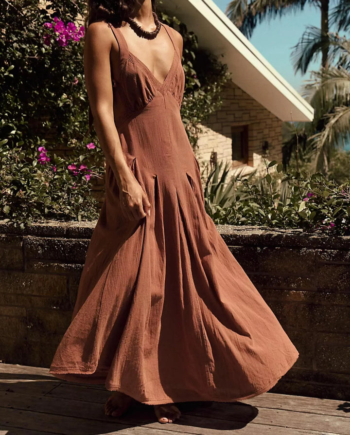 SOLACE  Brown Linen-Like Lace Trim Spaghetti Strap Maxi Dress 