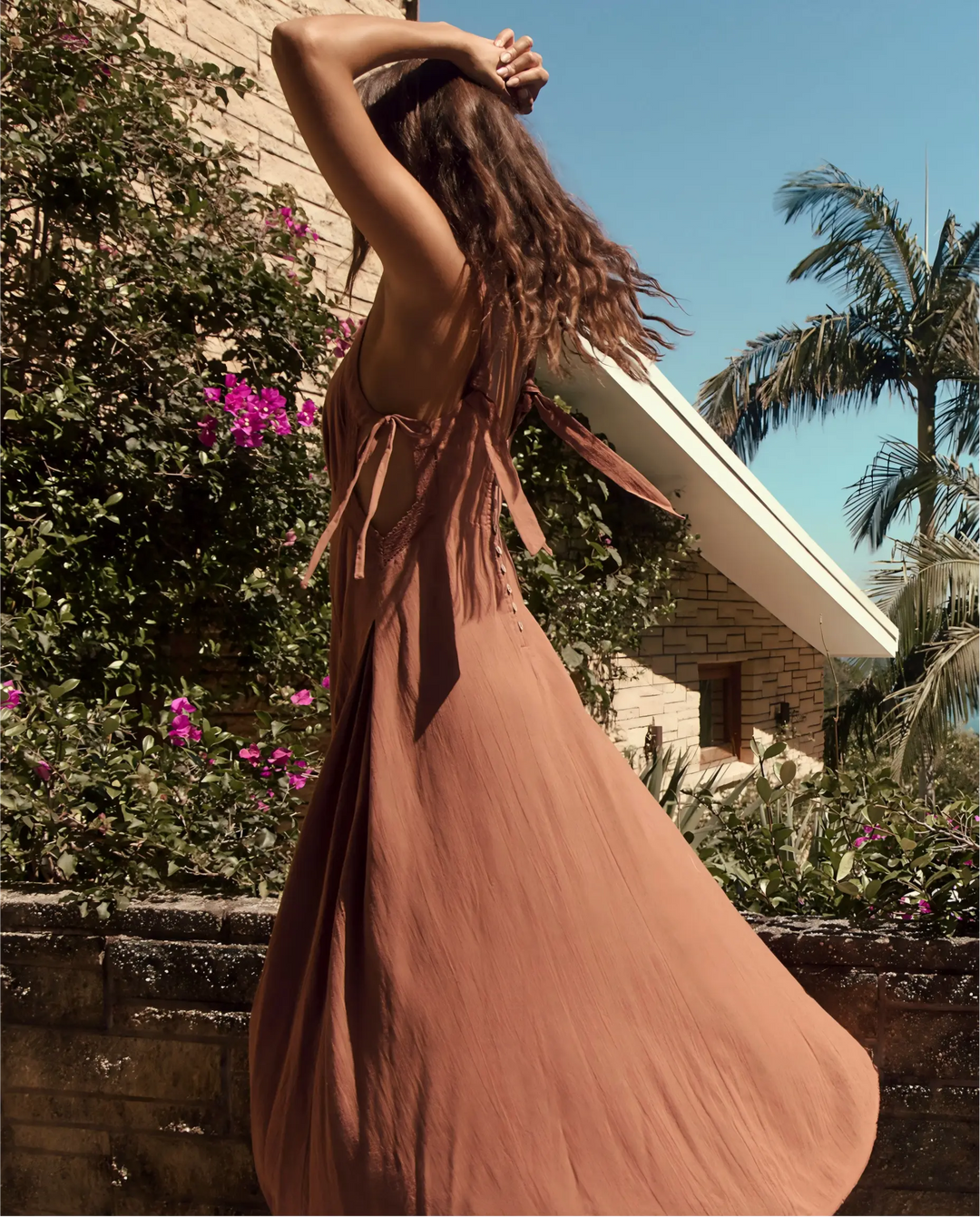 SOLACE  Brown Linen-Like Lace Trim Spaghetti Strap Maxi Dress 
