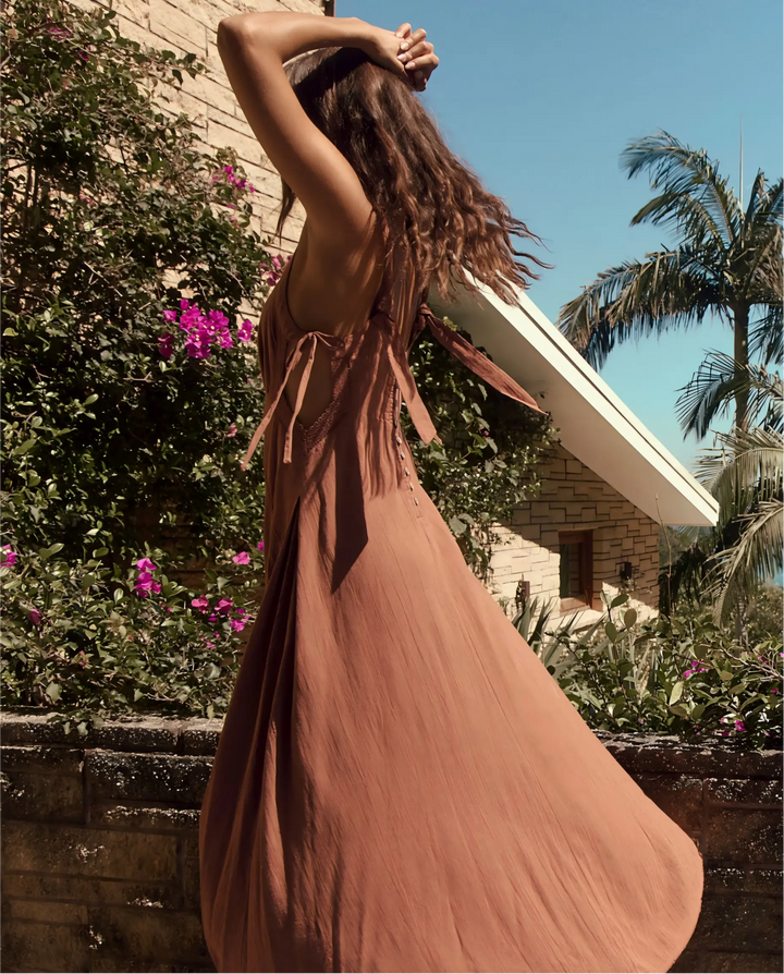 SOLACE  Brown Linen-Like Lace Trim Spaghetti Strap Maxi Dress 