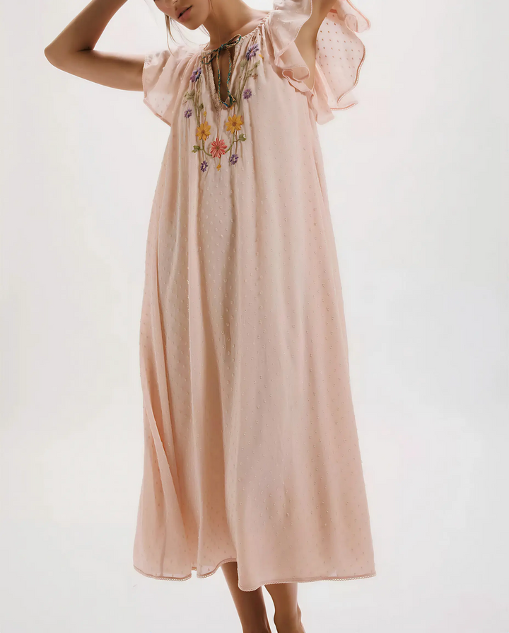 SOLACE  Blush Pink Floral Embroidered Soft Relaxed Fit Midi Dress 