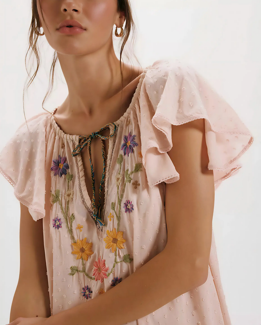 SOLACE  Blush Pink Floral Embroidered Soft Relaxed Fit Midi Dress 