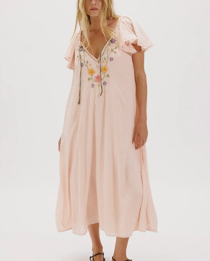 SOLACE  Blush Pink Floral Embroidered Soft Relaxed Fit Midi Dress 