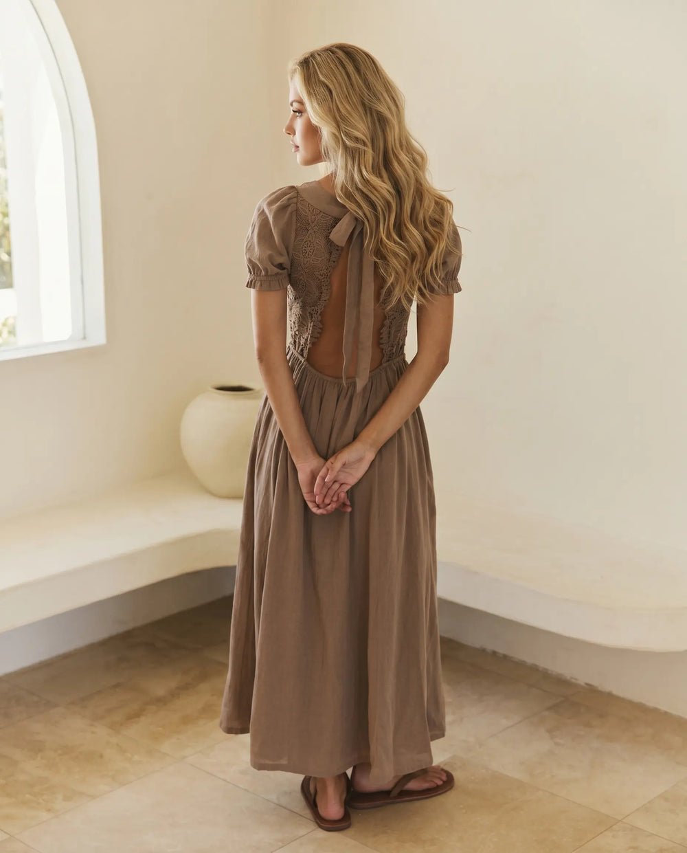 SOLACE  Brown Lace Crochet Detail Slim Fit Maxi Dress 