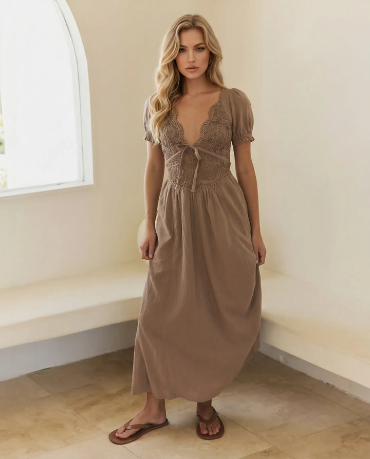 SOLACE  Brown Lace Crochet Detail Slim Fit Maxi Dress 