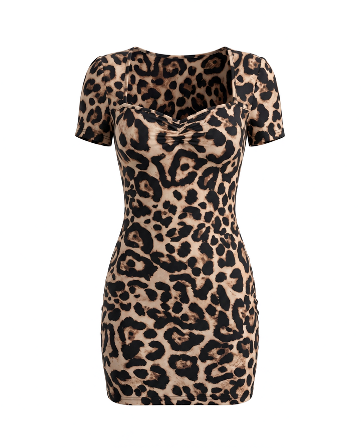 Leopard Print Ruched Mesh Fabric Bodycon Mini Dress