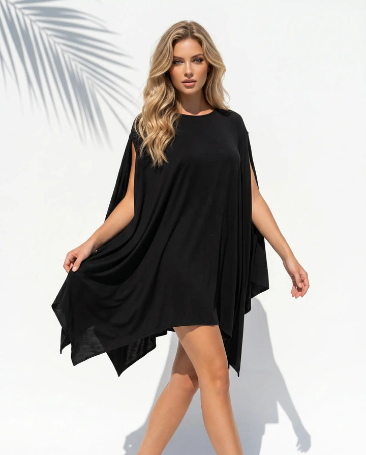 SOLACE  Black Loose Fit Asymmetric Hem Cover-Up Dress 