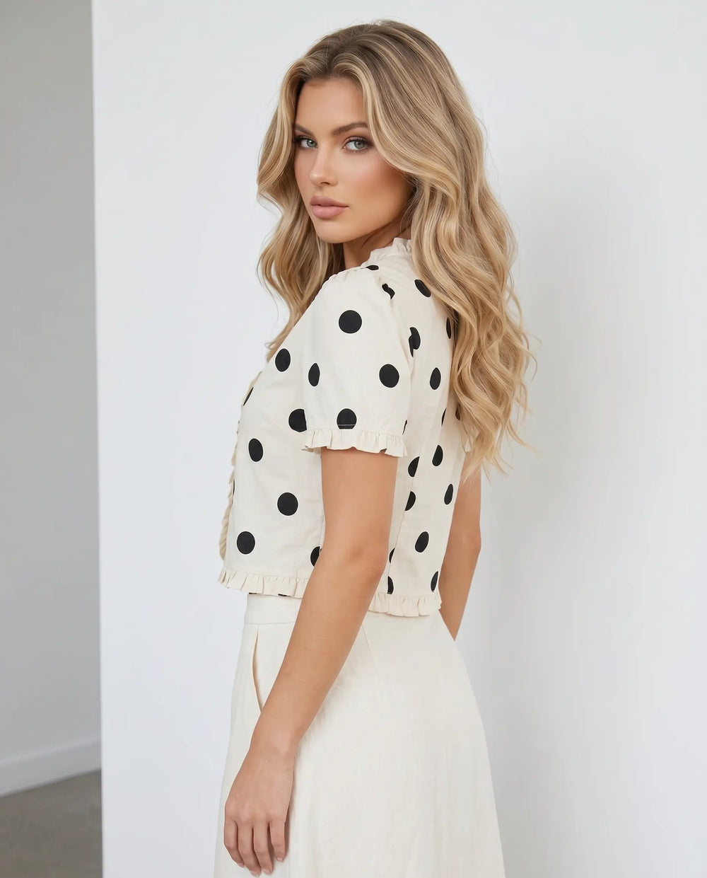SOLACE  Polka Dot Ruffle Trim V-Neck Short Sleeve Cropped Blouse 