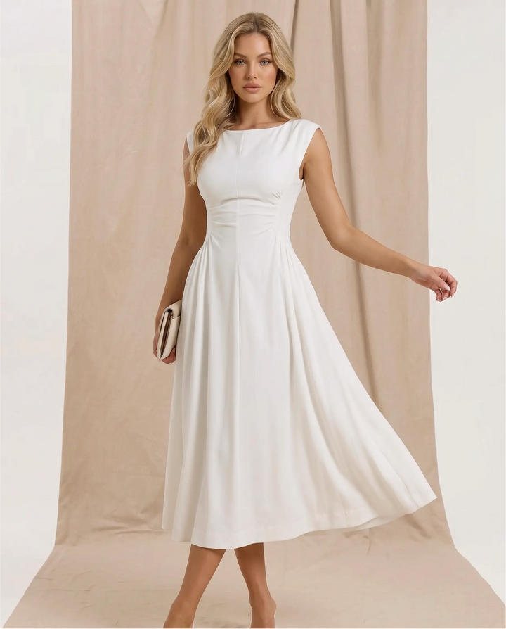 SOLACE  White Solid Boat Neck Ruched Waist A-Line Midi Dress 