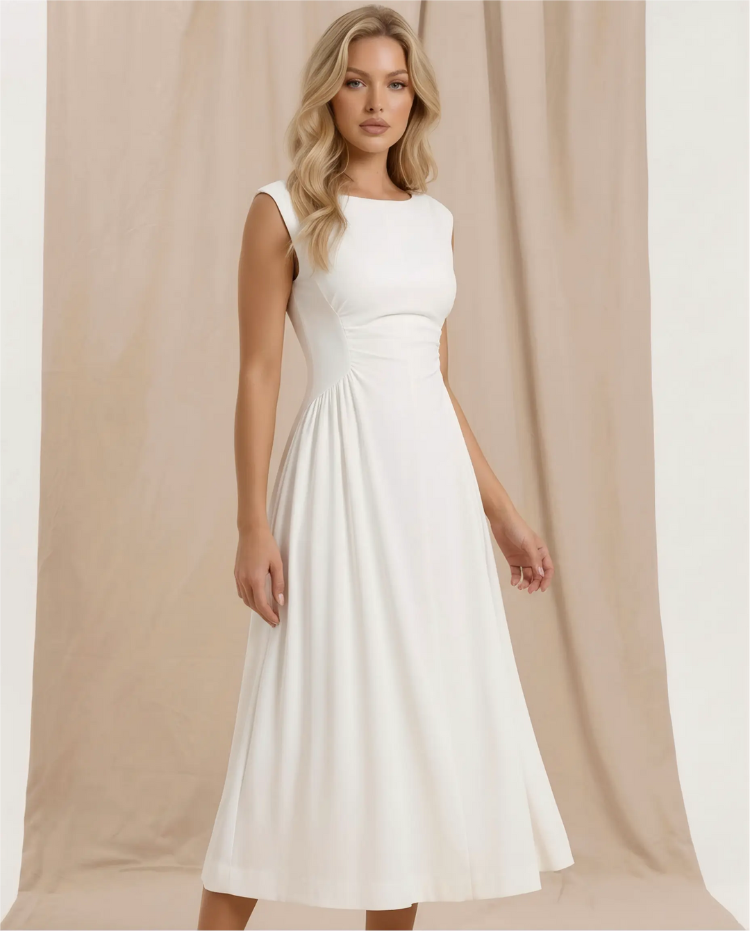 SOLACE  White Solid Boat Neck Ruched Waist A-Line Midi Dress 