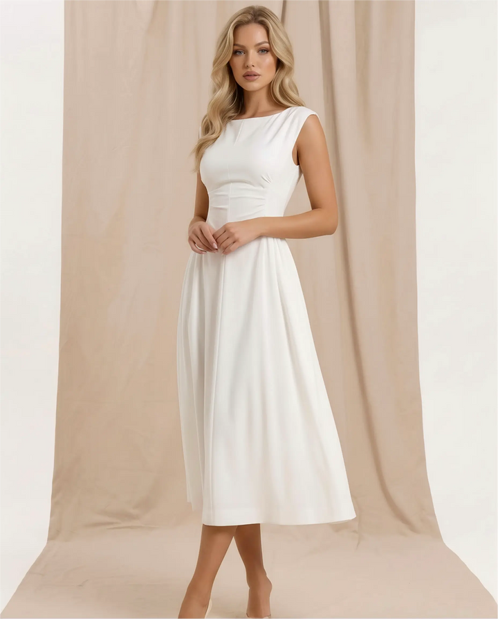 SOLACE  White Solid Boat Neck Ruched Waist A-Line Midi Dress 