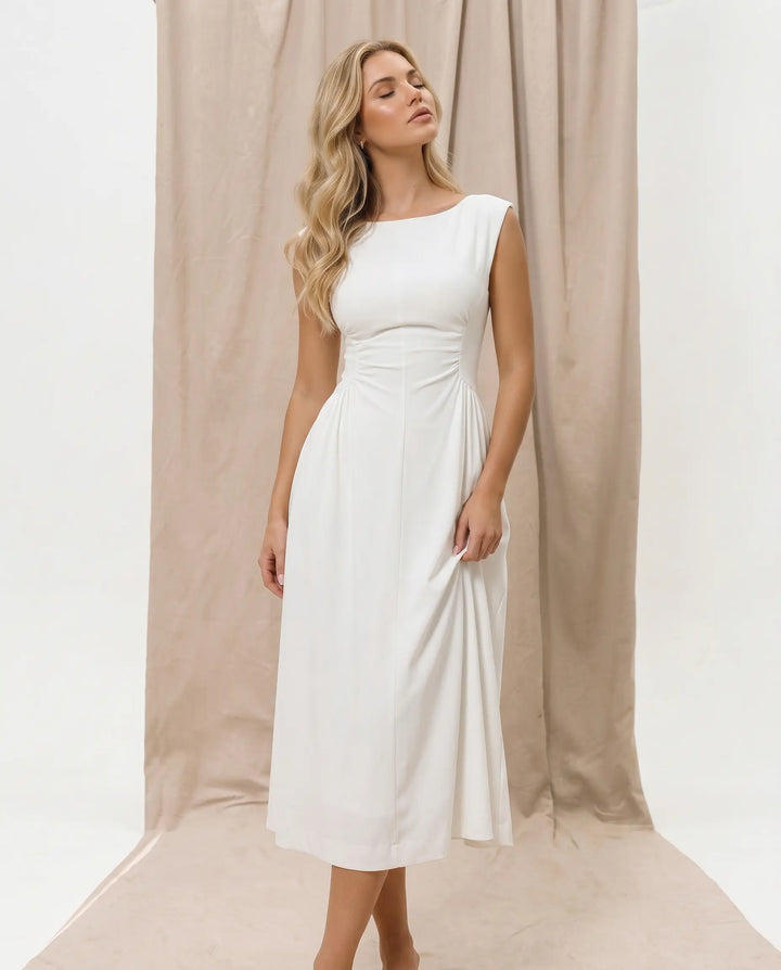 SOLACE  White Solid Boat Neck Ruched Waist A-Line Midi Dress 