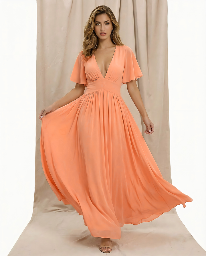 SOLACE  Peach Flowy Chiffon Flutter Sleeve Regular Fit Maxi Dress 