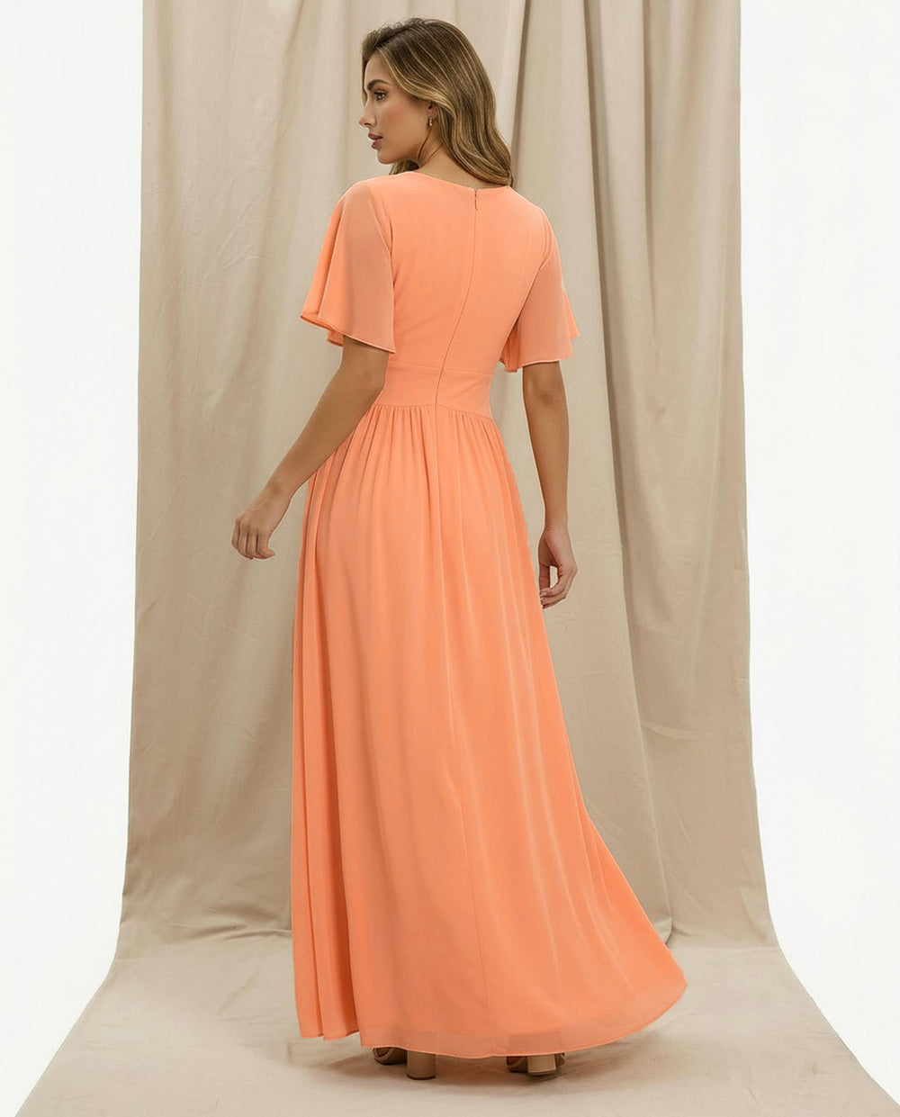 SOLACE  Peach Flowy Chiffon Flutter Sleeve Regular Fit Maxi Dress 