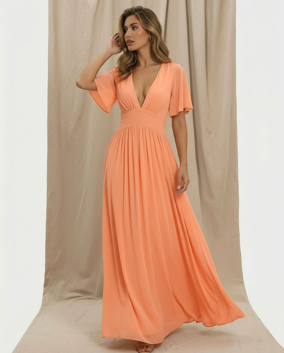 SOLACE  Peach Flowy Chiffon Flutter Sleeve Regular Fit Maxi Dress 