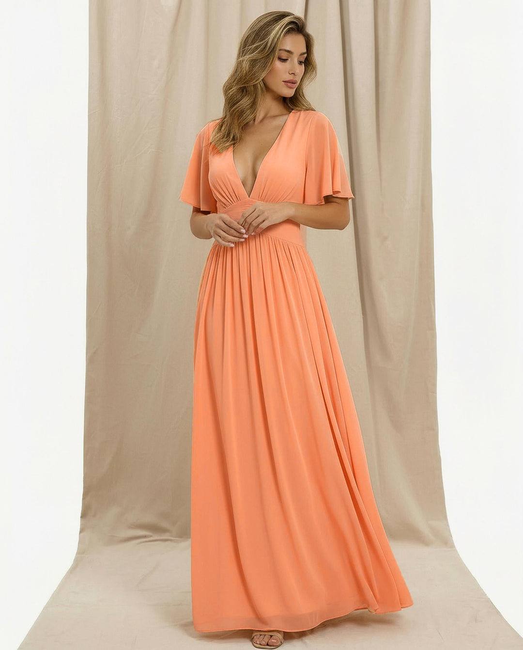 SOLACE  Peach Flowy Chiffon Flutter Sleeve Regular Fit Maxi Dress 
