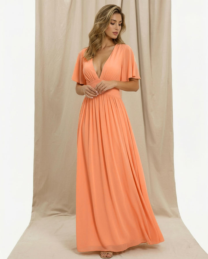 SOLACE  Peach Flowy Chiffon Flutter Sleeve Regular Fit Maxi Dress 