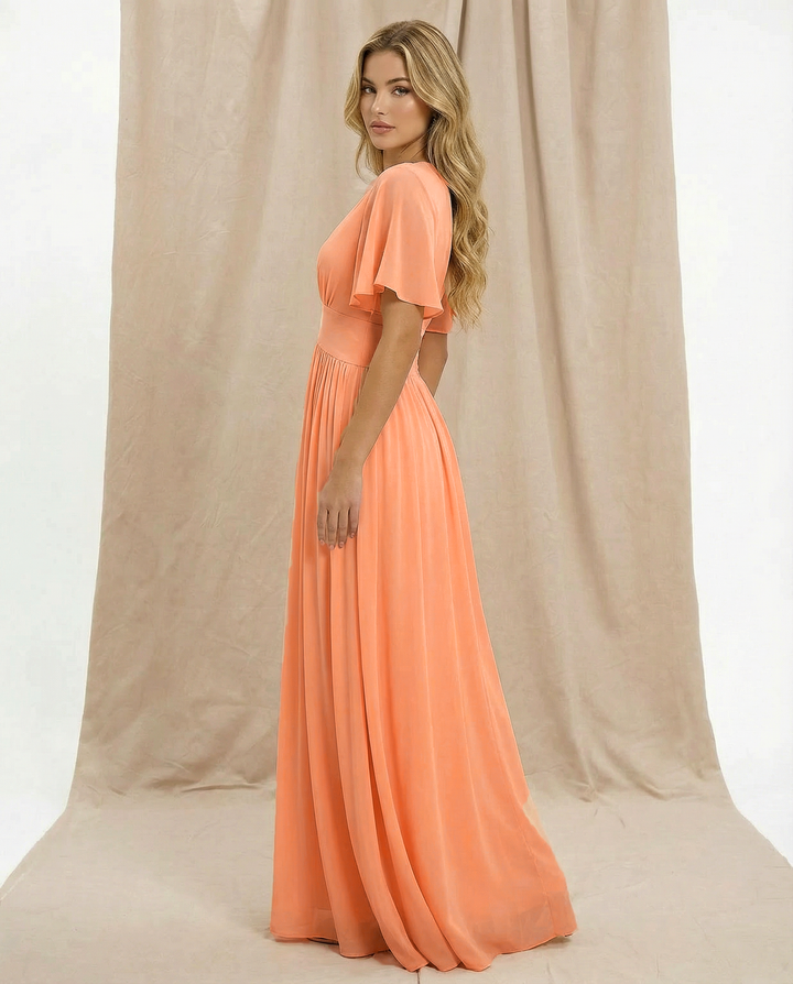 SOLACE  Peach Flowy Chiffon Flutter Sleeve Regular Fit Maxi Dress 