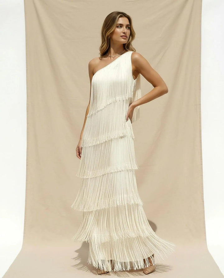 SOLACE  White Solid One-Shoulder Tiered Fringe Maxi Dress 