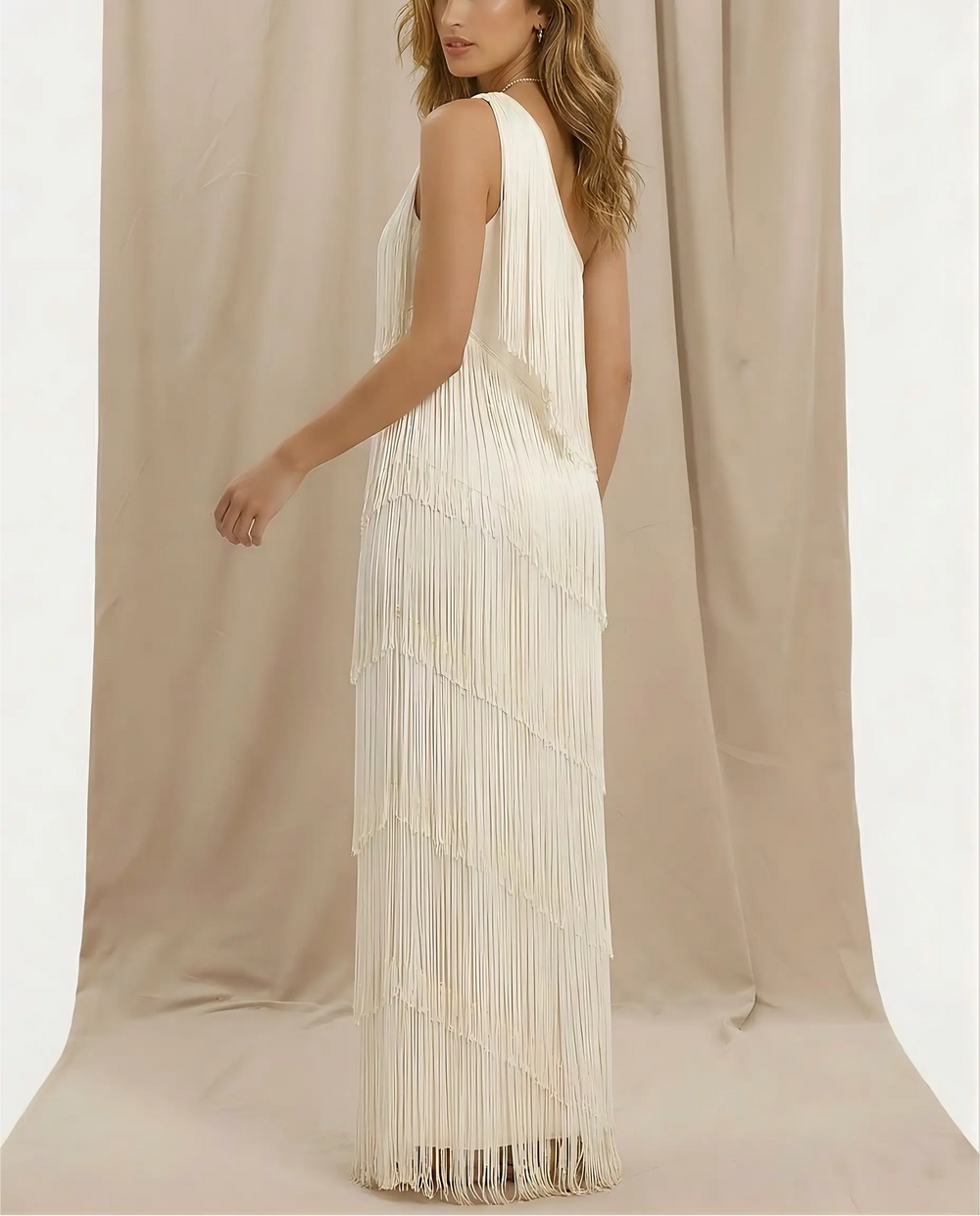 SOLACE  White Solid One-Shoulder Tiered Fringe Maxi Dress 