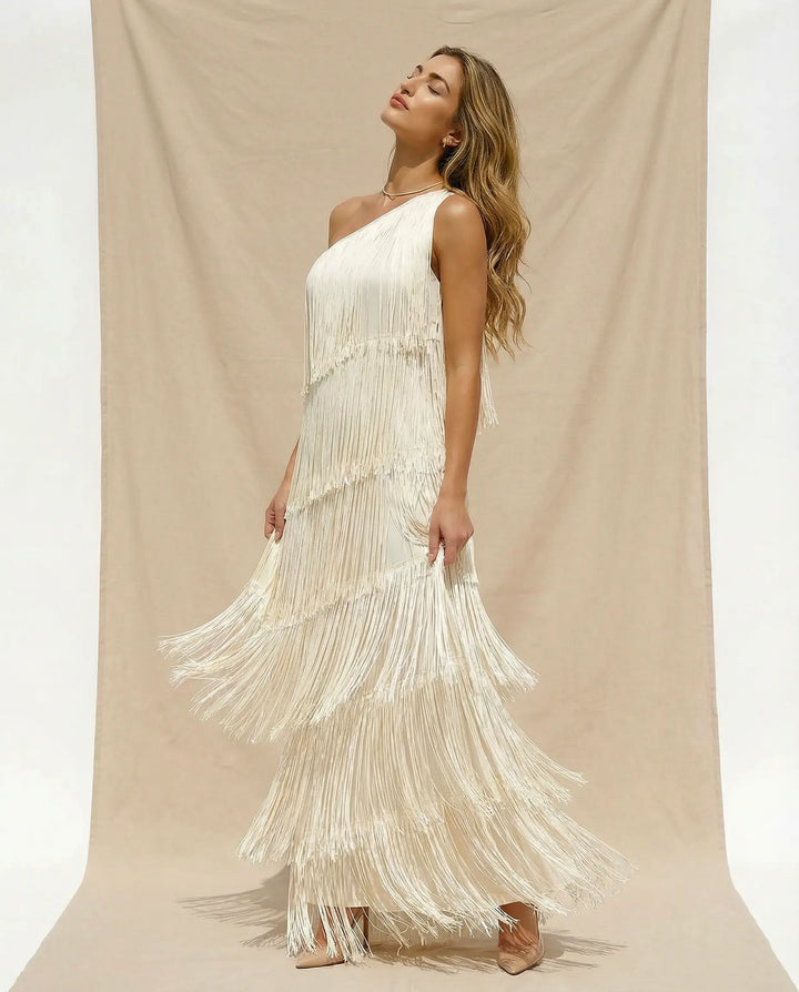 SOLACE  White Solid One-Shoulder Tiered Fringe Maxi Dress 