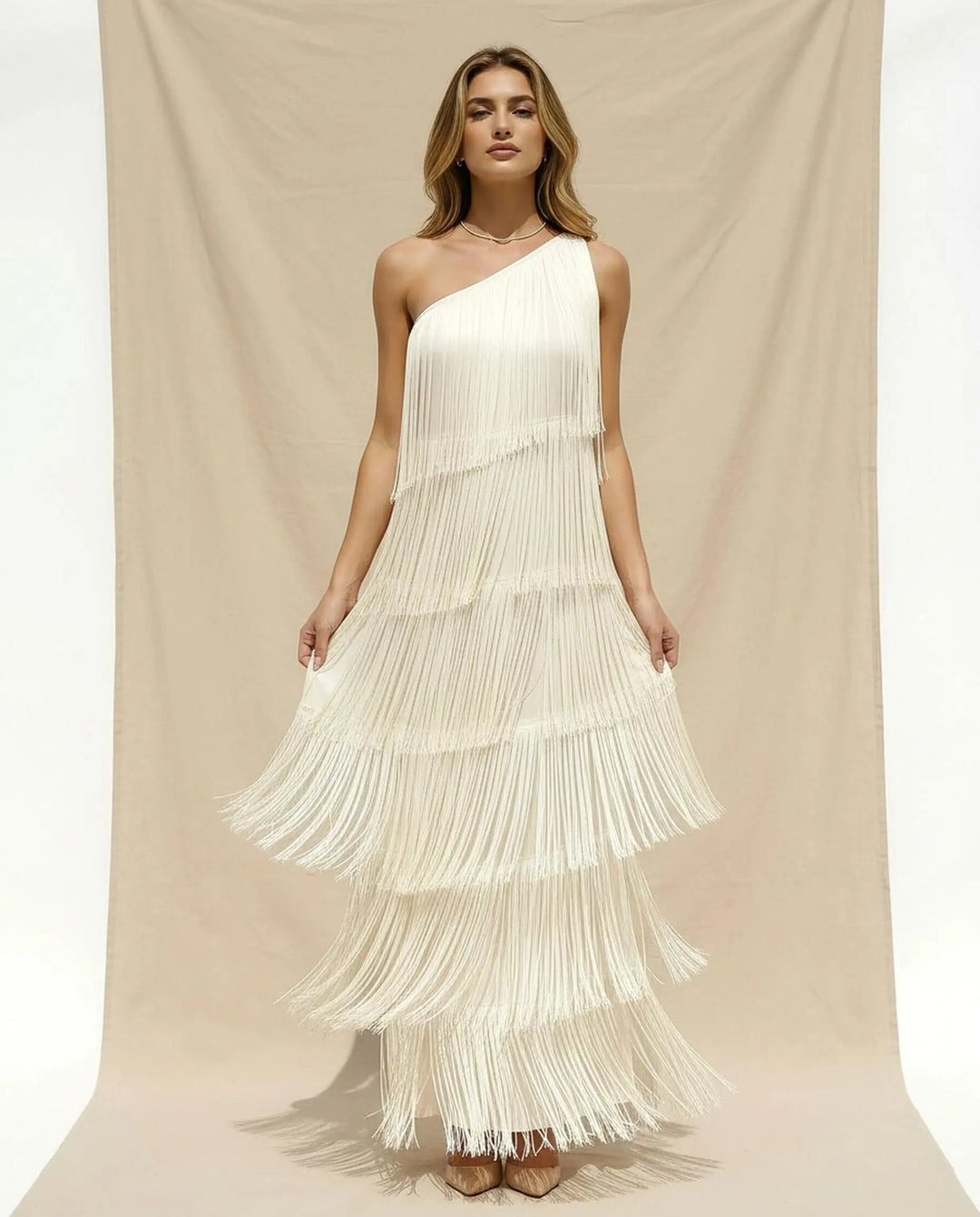 SOLACE  White Solid One-Shoulder Tiered Fringe Maxi Dress 