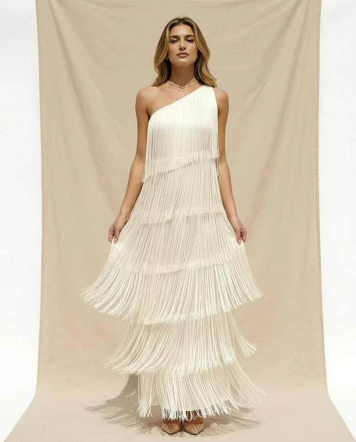 SOLACE  White Solid One-Shoulder Tiered Fringe Maxi Dress 
