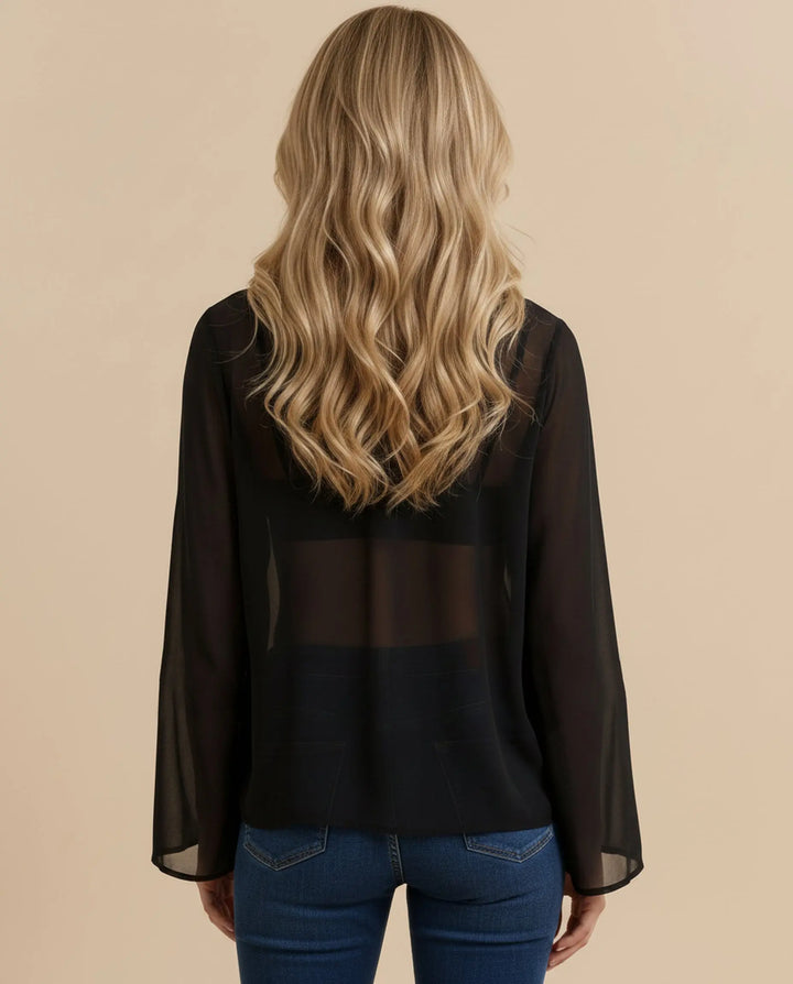 SOLACE  Black Solid Sheer Tie Neck Long Sleeve Blouse 
