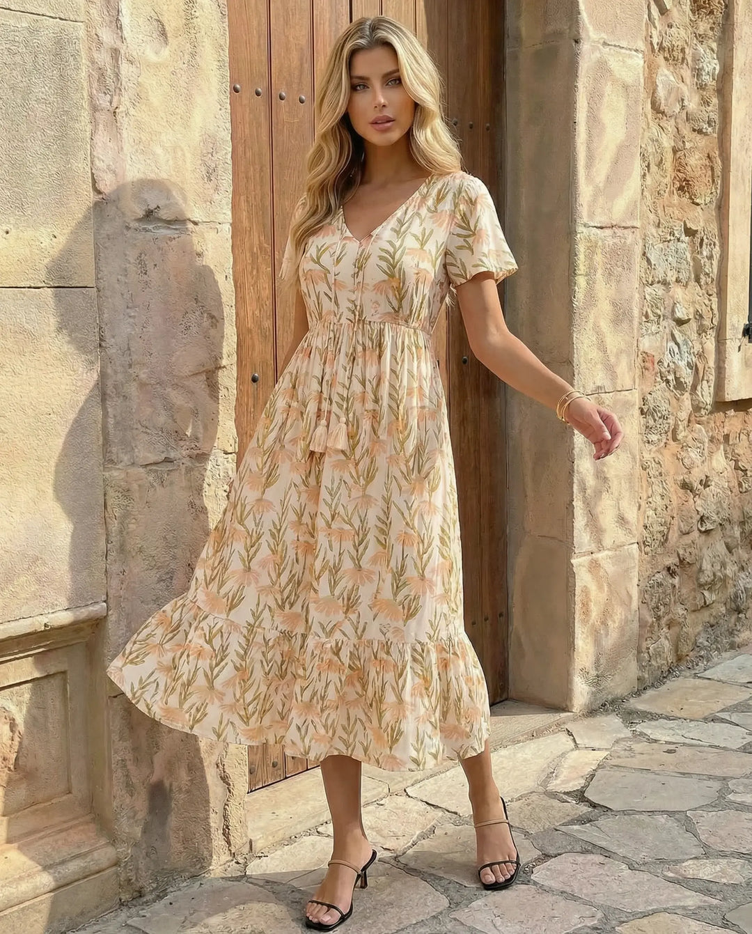 SOLACE  Yellow Floral Print V-Neck Short Sleeve Tiered Midi Dress 