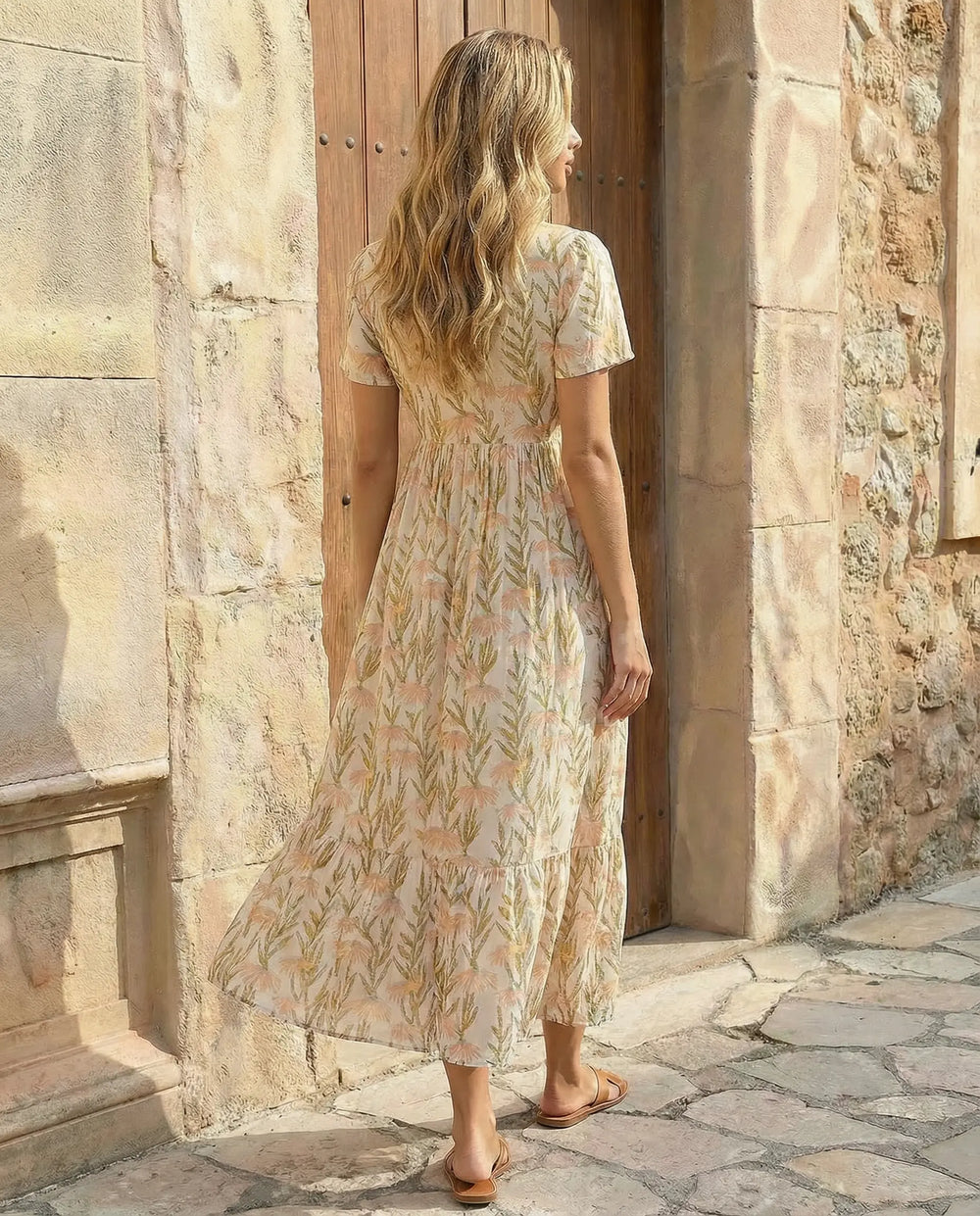 SOLACE  Yellow Floral Print V-Neck Short Sleeve Tiered Midi Dress 