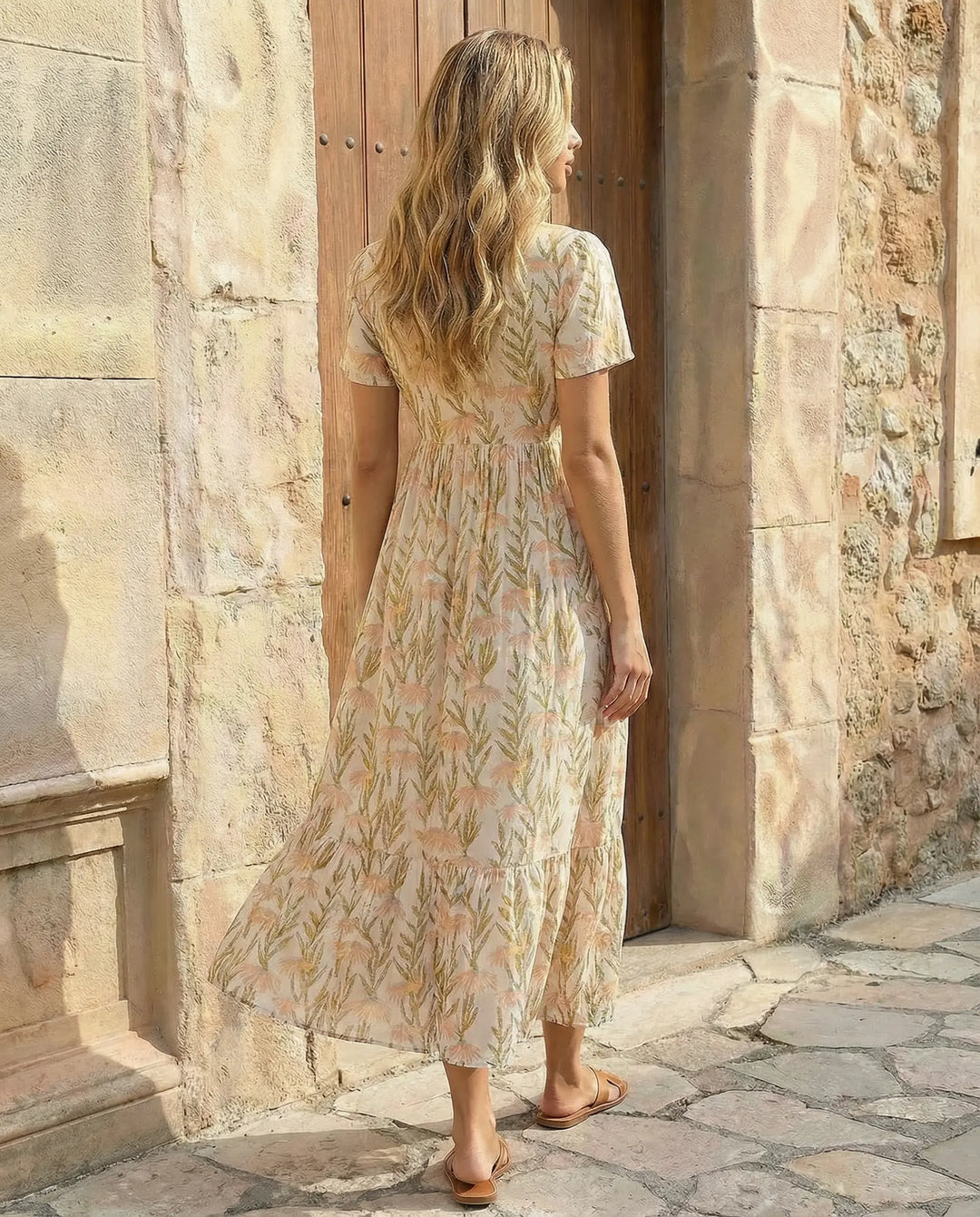 SOLACE  Yellow Floral Print V-Neck Short Sleeve Tiered Midi Dress 