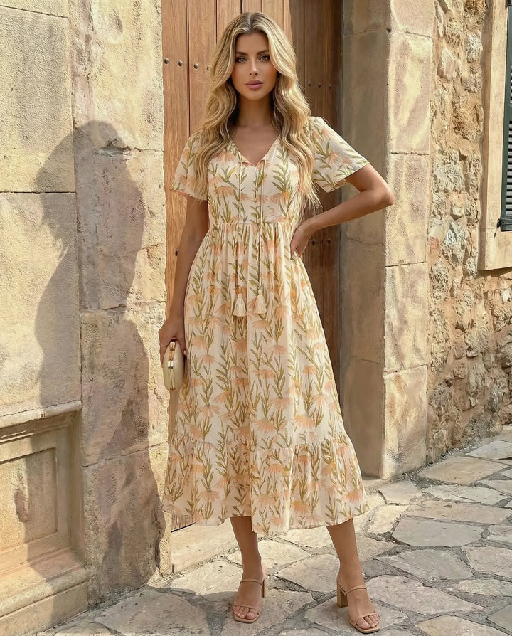 SOLACE  Yellow Floral Print V-Neck Short Sleeve Tiered Midi Dress 