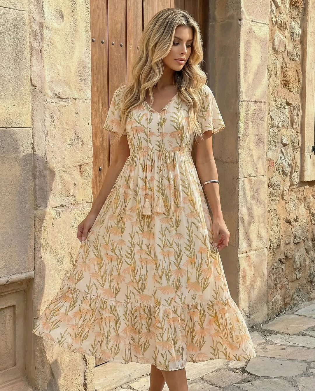 SOLACE  Yellow Floral Print V-Neck Short Sleeve Tiered Midi Dress 