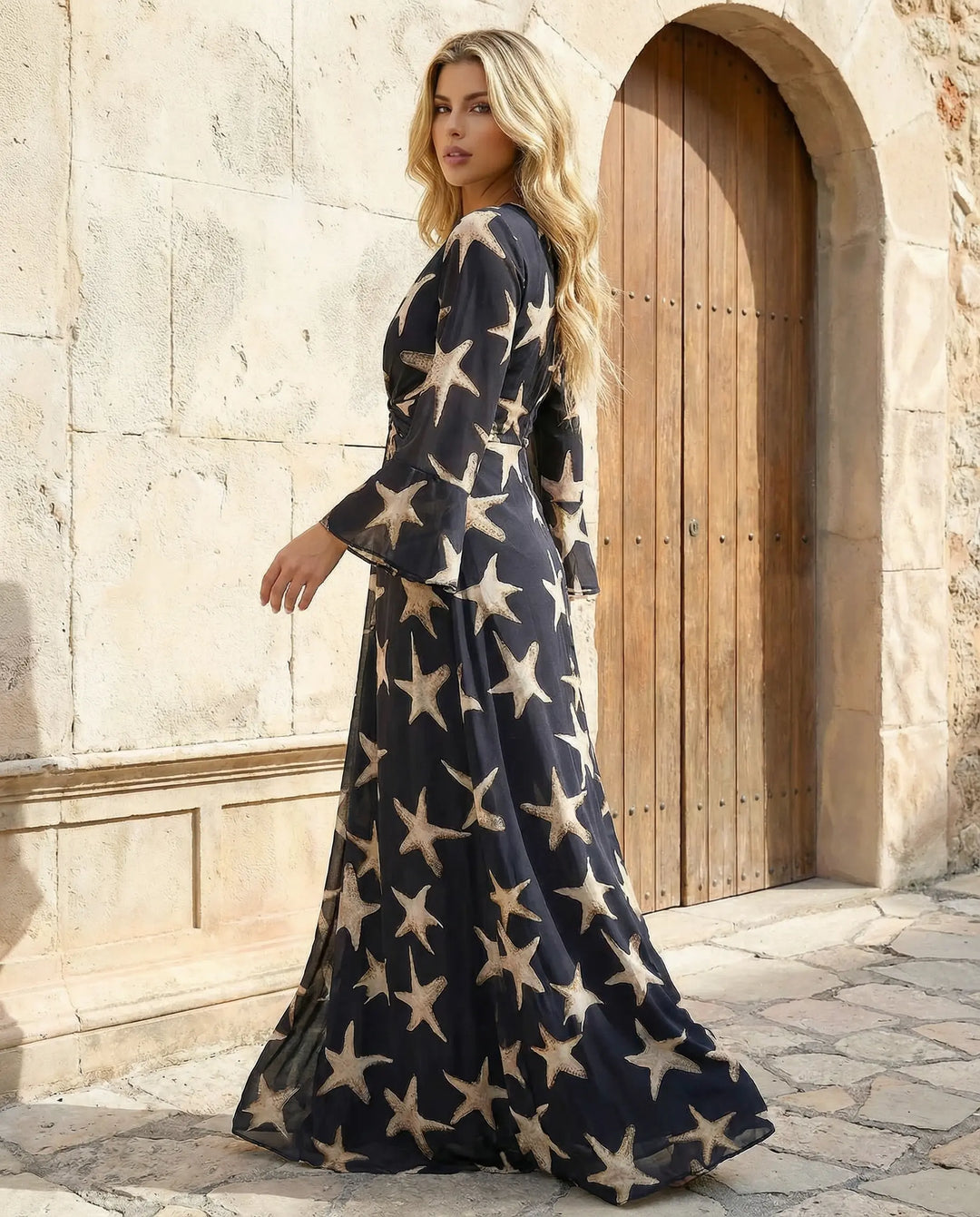 SOLACE  Black Starfish Print V-Neck Flare Sleeve Twist Front Maxi Dress 