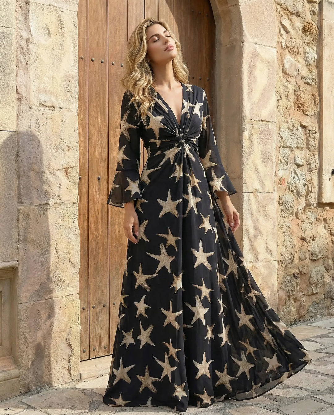SOLACE  Black Starfish Print V-Neck Flare Sleeve Twist Front Maxi Dress 