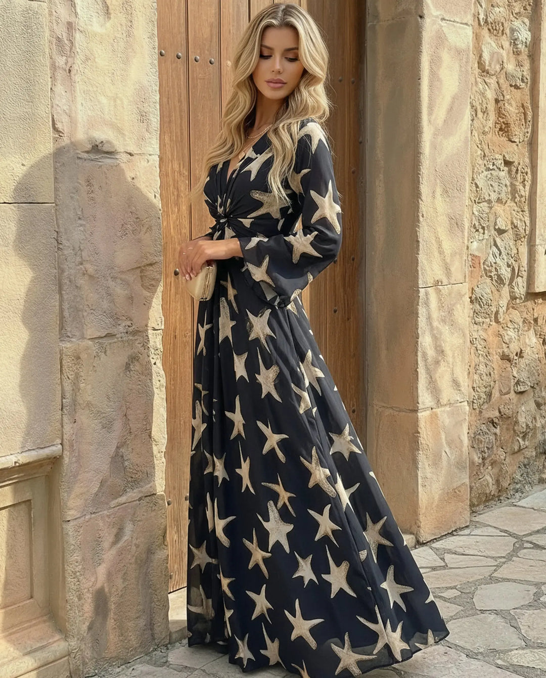 SOLACE  Black Starfish Print V-Neck Flare Sleeve Twist Front Maxi Dress 