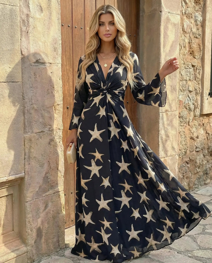 SOLACE  Black Starfish Print V-Neck Flare Sleeve Twist Front Maxi Dress 