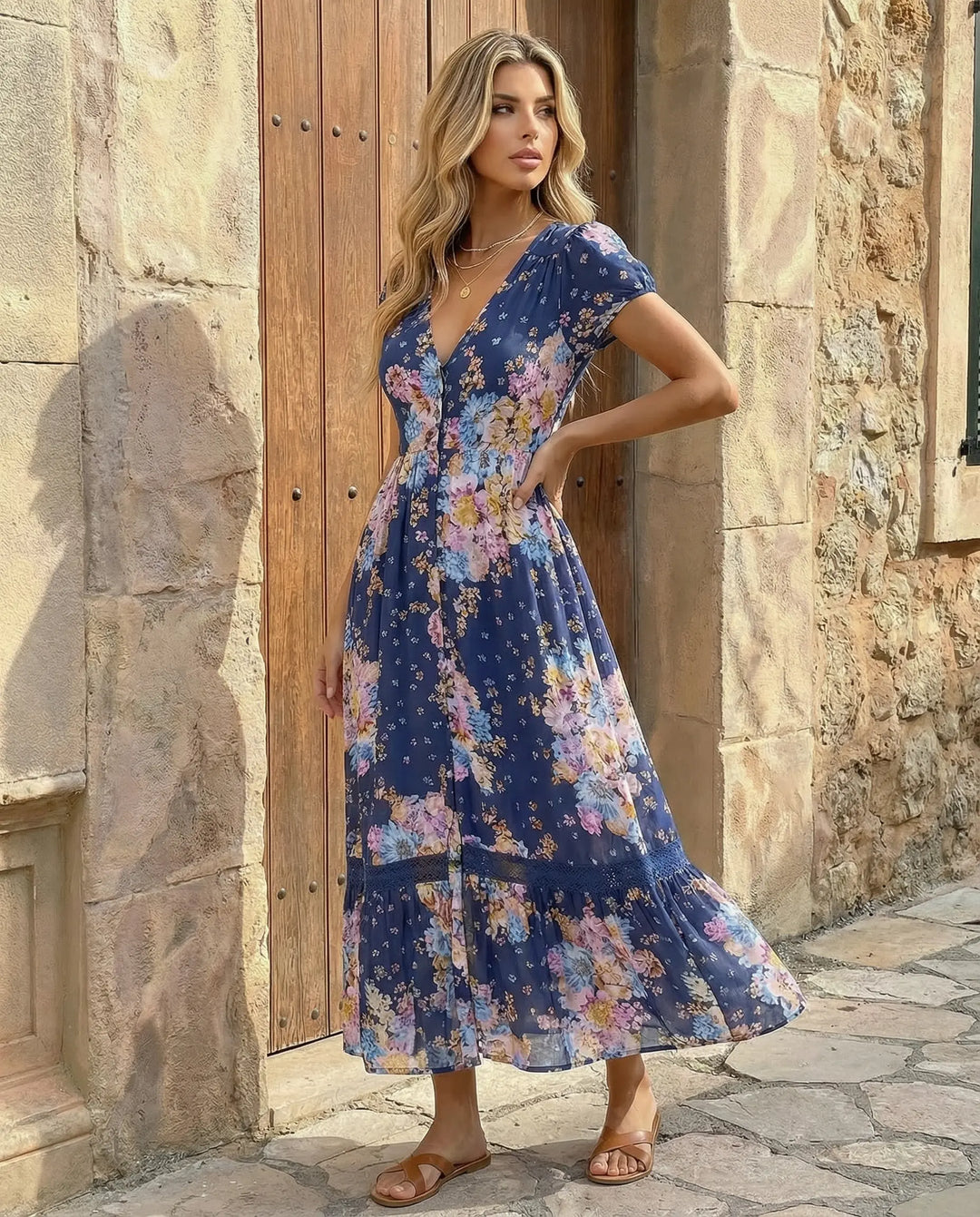 SOLACE  Navy Floral Print V-Neck Short Sleeve Maxi Dress 
