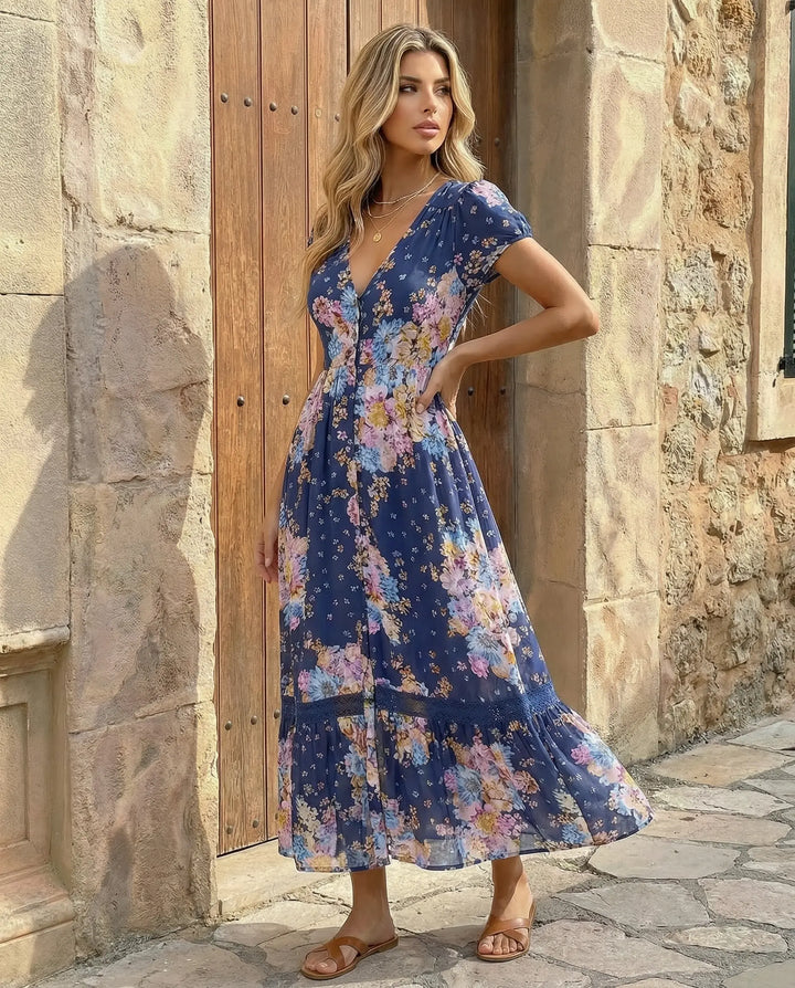 SOLACE  Navy Floral Print V-Neck Short Sleeve Maxi Dress 