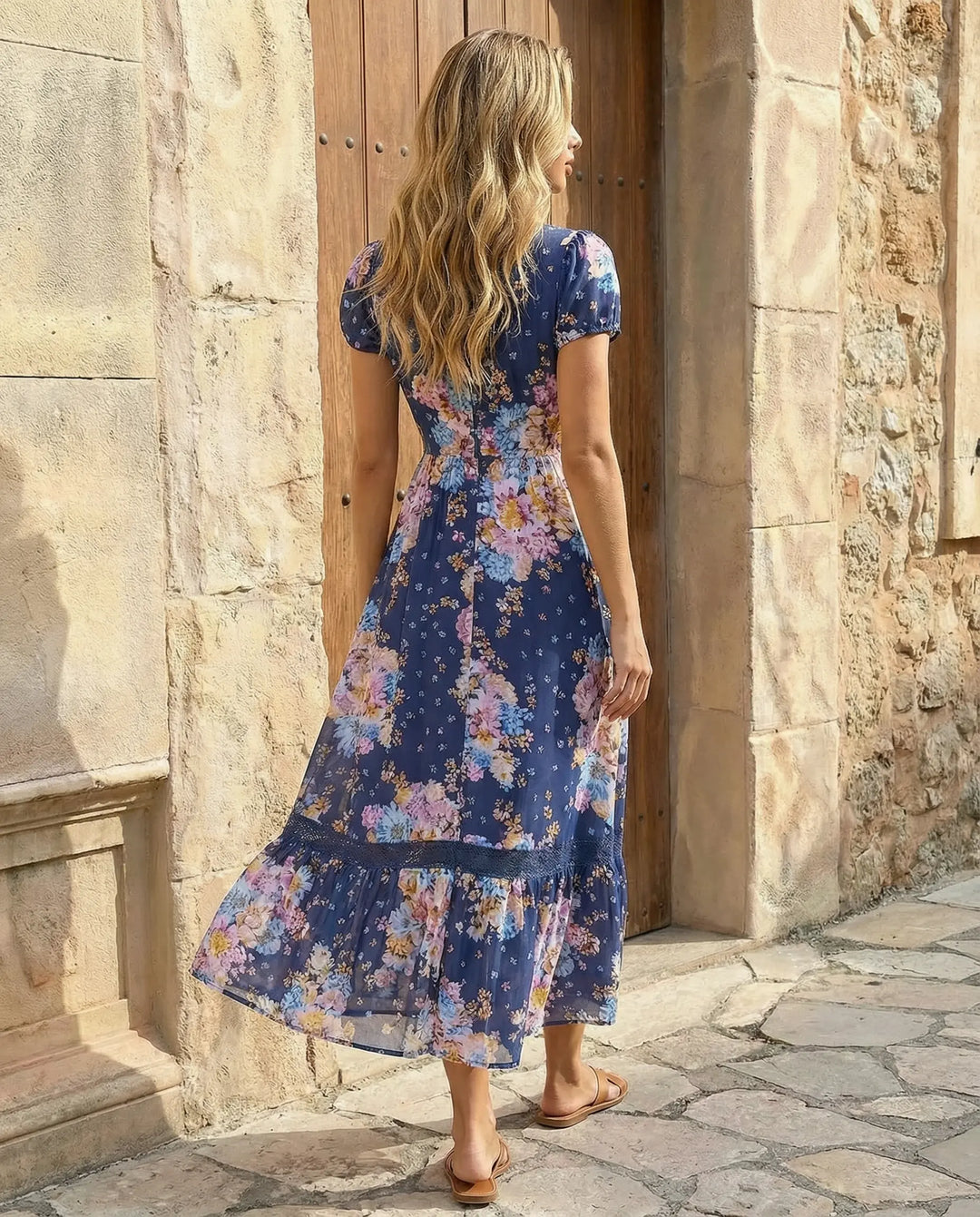 SOLACE  Navy Floral Print V-Neck Short Sleeve Maxi Dress 