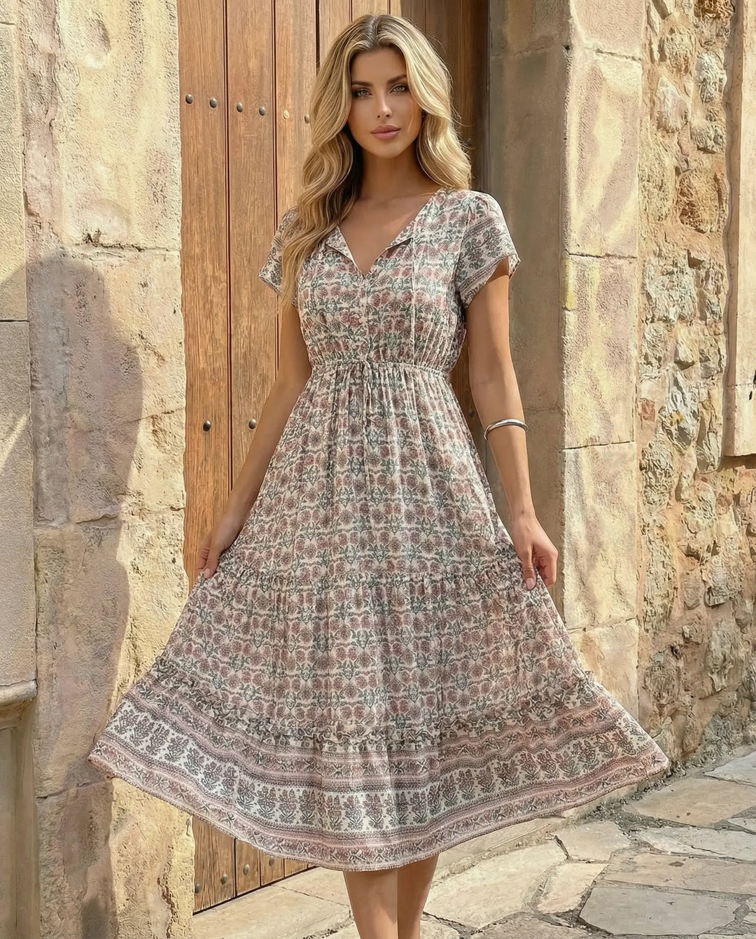 SOLACE  Floral Print V-Neck Short Sleeve Tiered Maxi Dress 